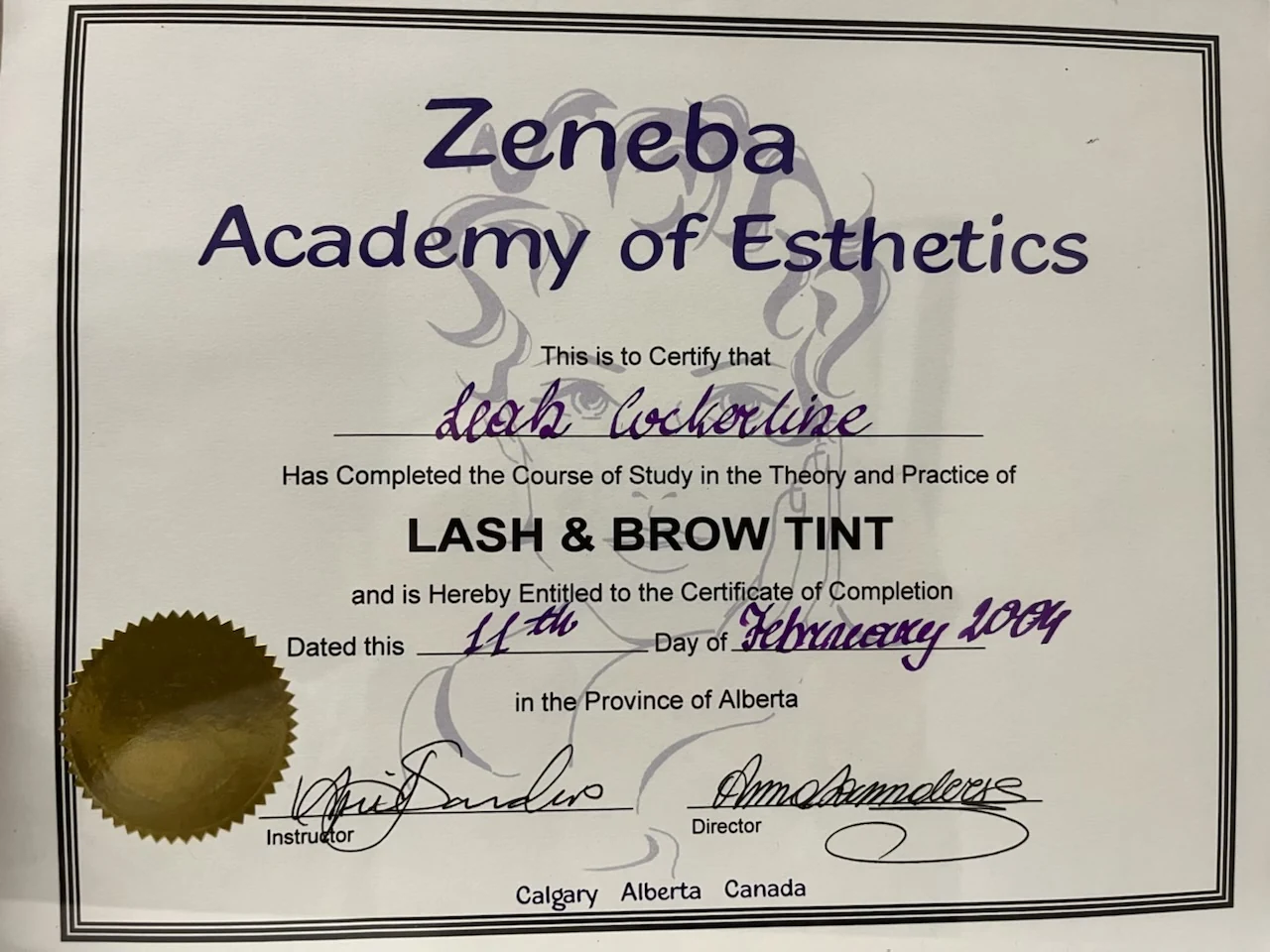 Leah's certificate of completion in lash and brow tinting from Zeneba Academy of Esthetics